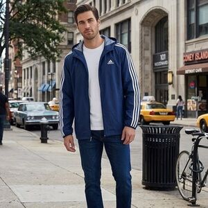 Adidas Navy Blue 3-Stripe Hooded Windbreaker Jacket - Size Large